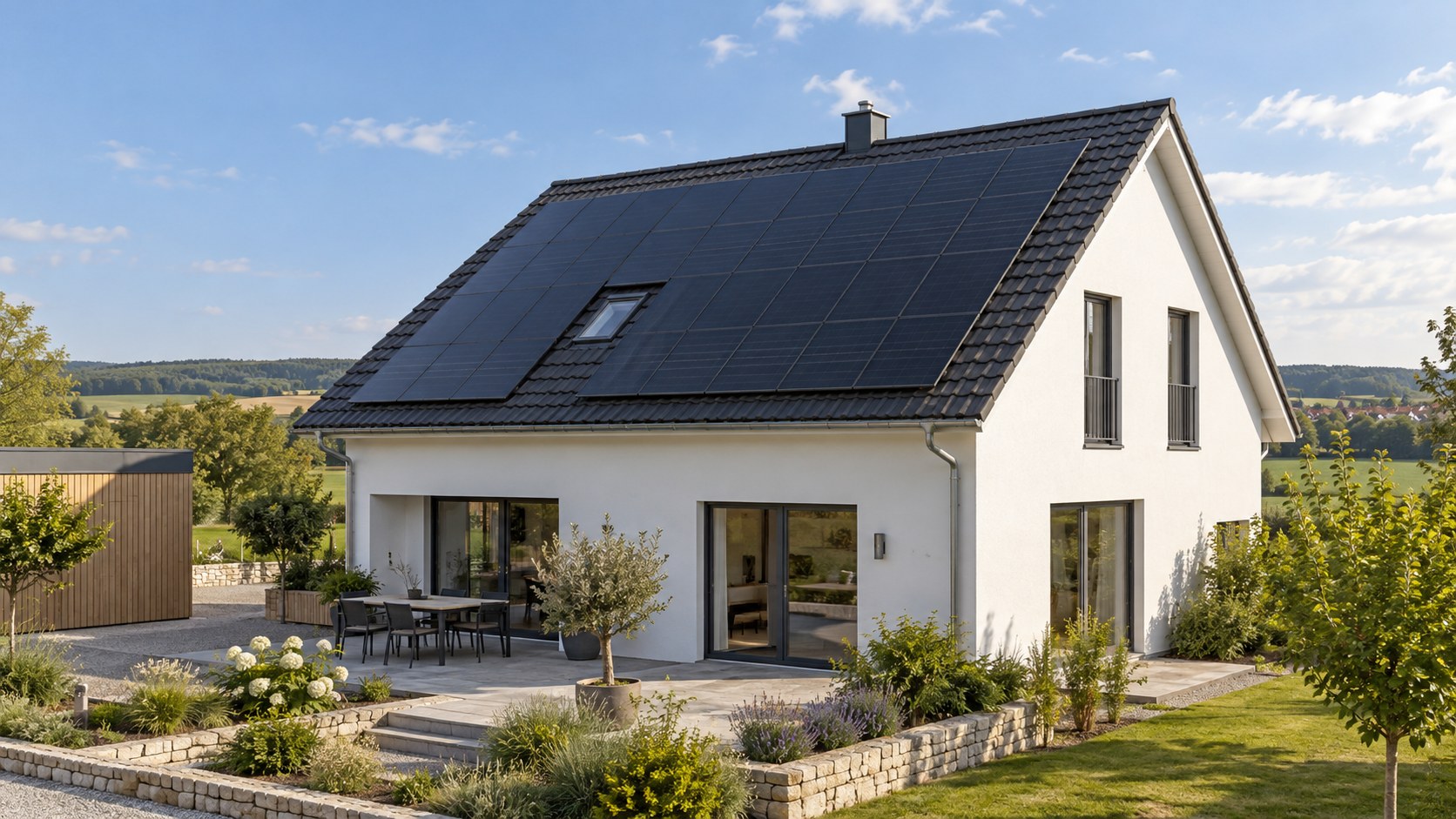 Symbolbild eines Hauses mit Photovoltaik auf einem geneigten Dach